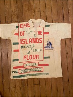1970s Cream 'Islands Flour' feed sack Antigua sailing week shirt